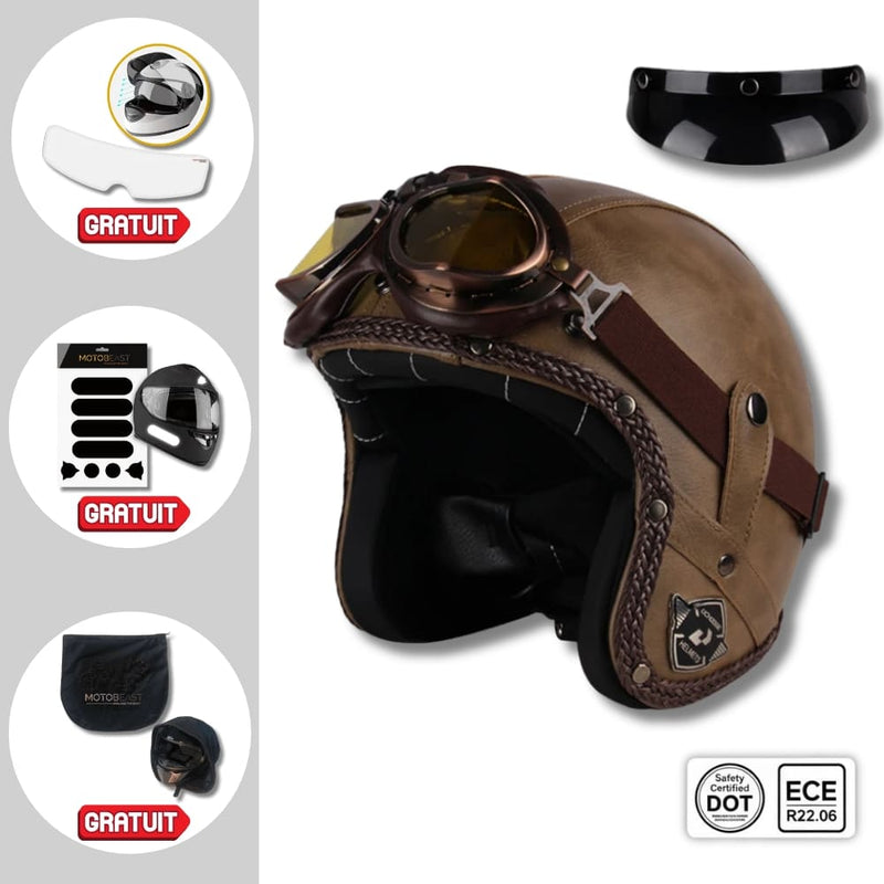 Casque Jet | Retro Vintage | casque moto Cuir Synthétique avec Lunette
