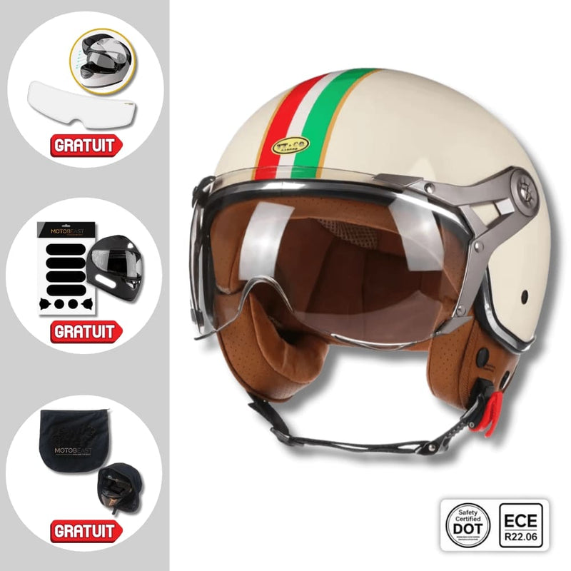 Casque moto Rétro Vintage Italia | Rétro Chopper Blanc, Vert, Rouge