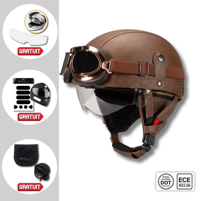 Casque moto Vintage avec Lunette OFFERT