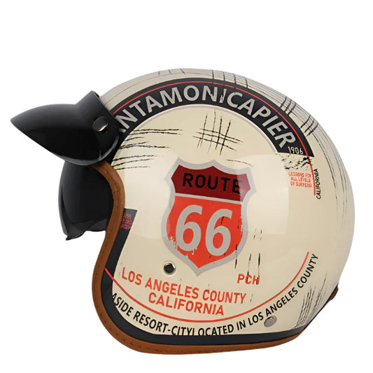 Casque Moto vintage Lucky Route 66 | Face Ouvert avec Visière