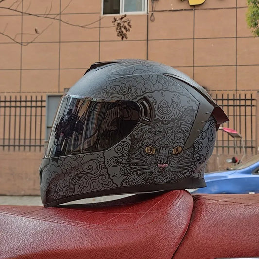 Casque moto Intégrale Femme Motif Chat Gris