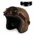 Casque Jet | Retro Vintage | casque moto Cuir Synthétique avec Lunette