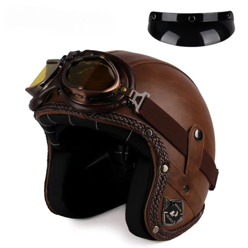 Casque Jet | Retro Vintage | casque moto Cuir Synthétique avec Lunette