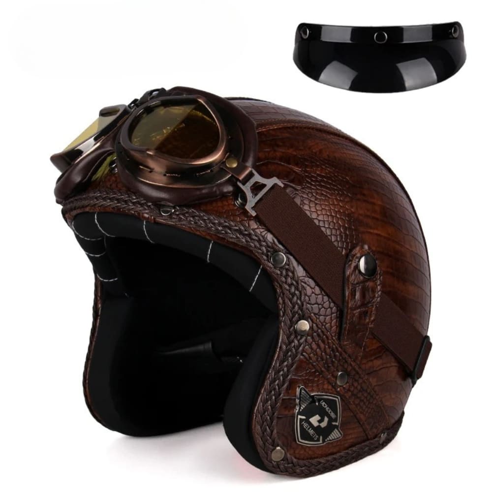 Casque Jet | Retro Vintage | casque moto Cuir Synthétique avec Lunette