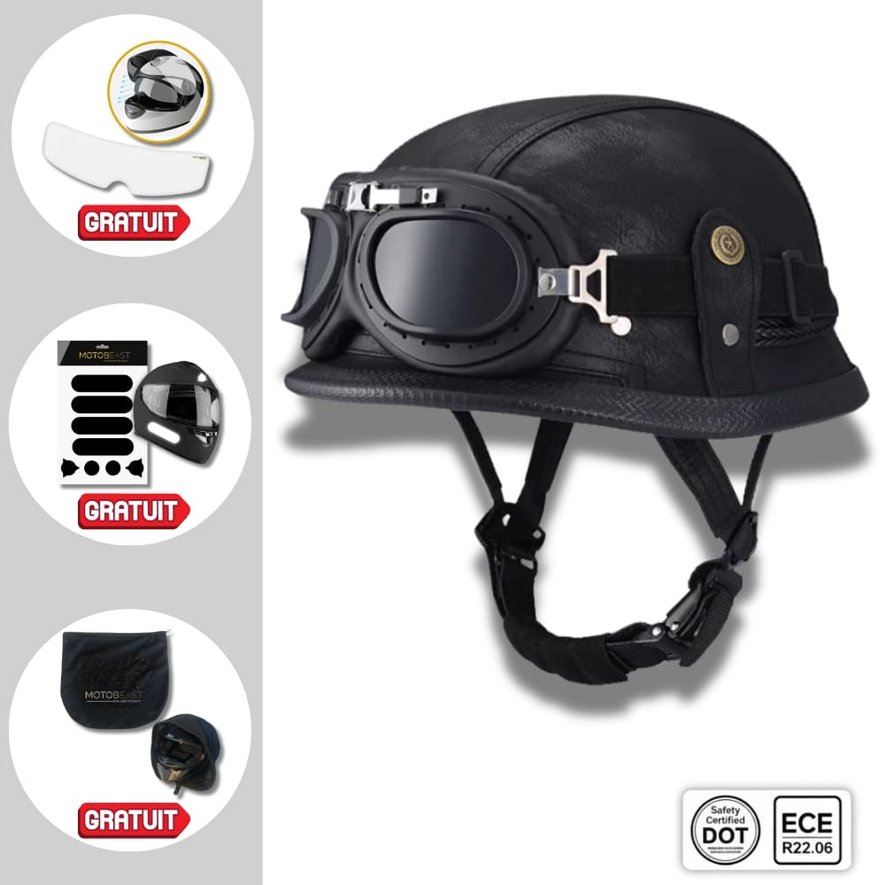 Casque moto Vintage "Cruiser Cuir" avec Lunette