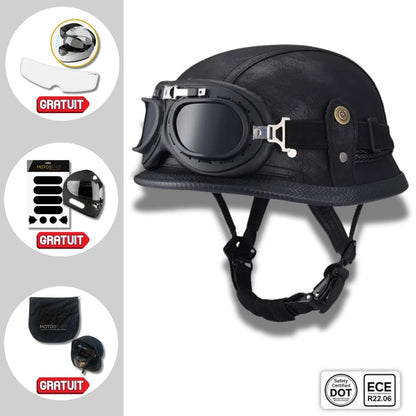 Casque moto Vintage "Cruiser Cuir" avec Lunette