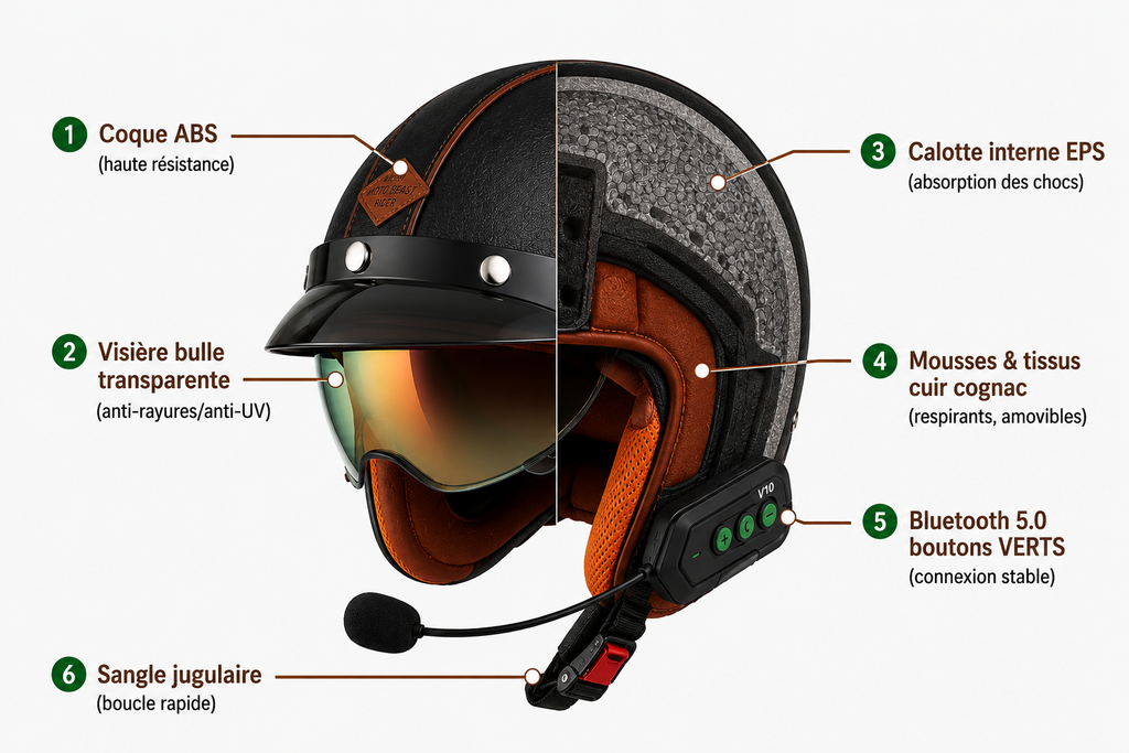 Casque Moto Vintage | Retro Jet Cuir Synthétique | Livraison Gratuite