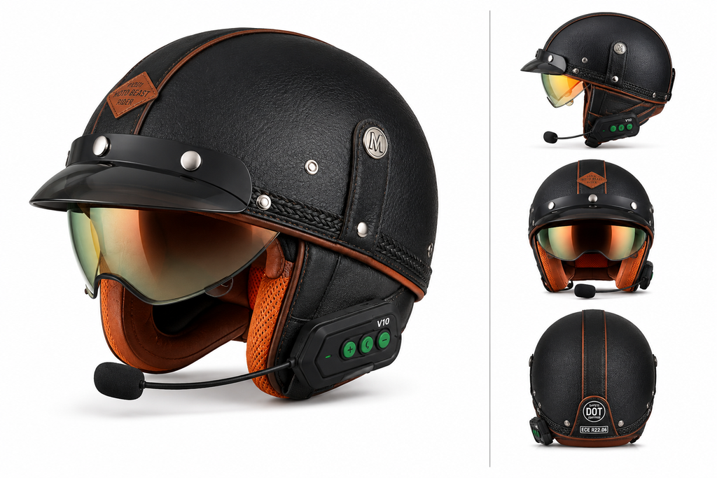 Casque Moto Vintage | Retro Jet Cuir Synthétique | Livraison Gratuite
