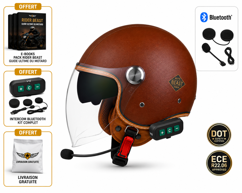 Casque Moto Retro Vintage Marron Uni Bluetooth | Intercom