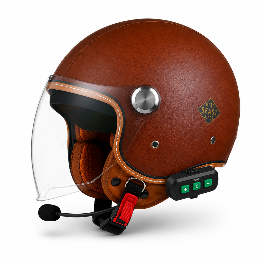Casque Moto Retro Vintage Marron Uni Bluetooth | Intercom