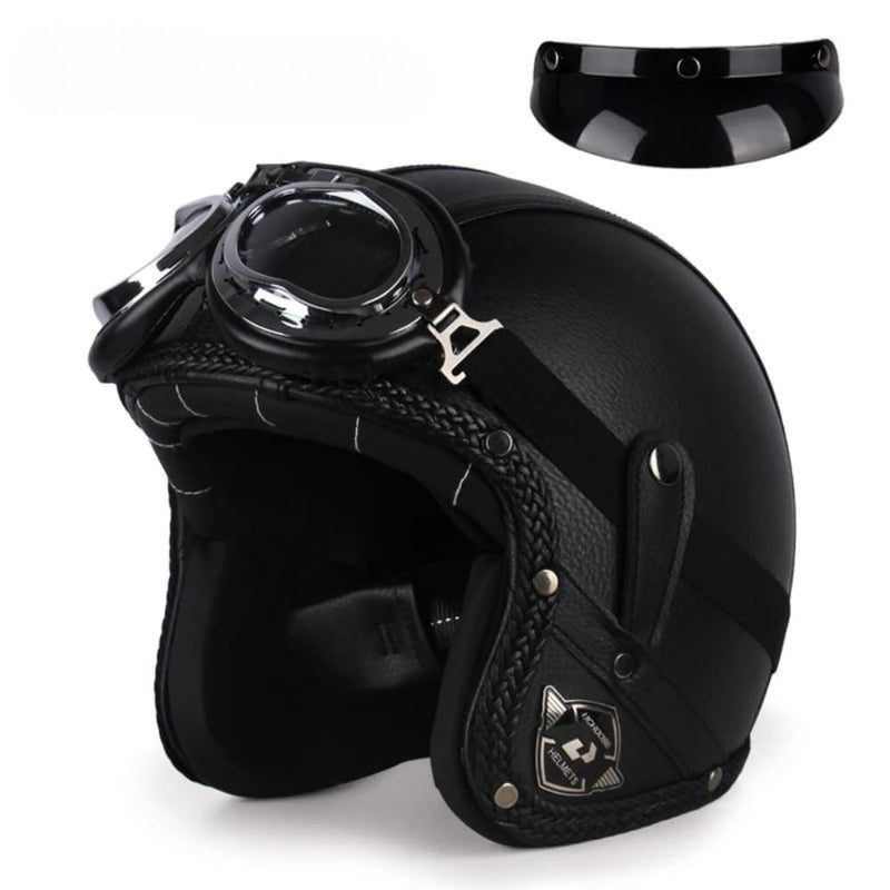 Casque Jet | Retro Vintage | casque moto Cuir Synthétique avec Lunette
