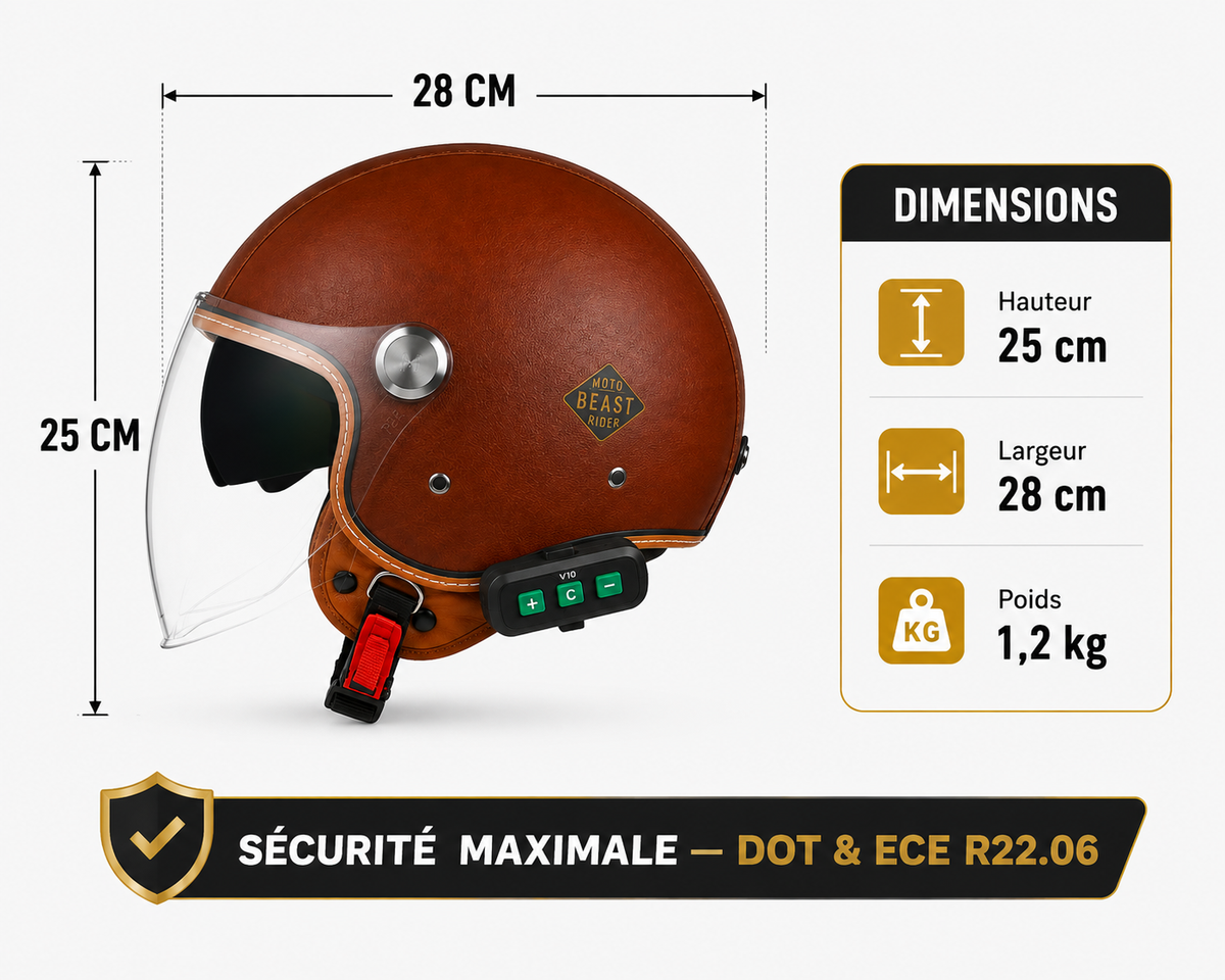 Casque Moto Retro Vintage Marron Uni Bluetooth | Intercom