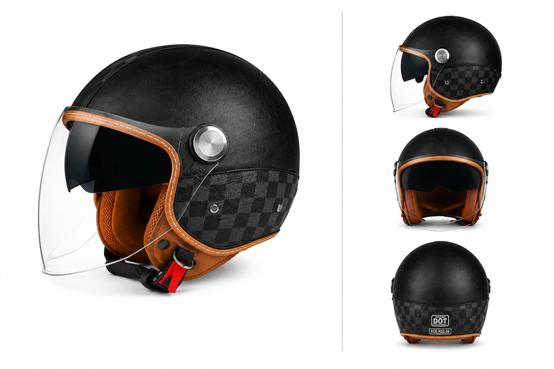 Casque Moto Retro Vintage Marron Damier Bluetooth | Intercom