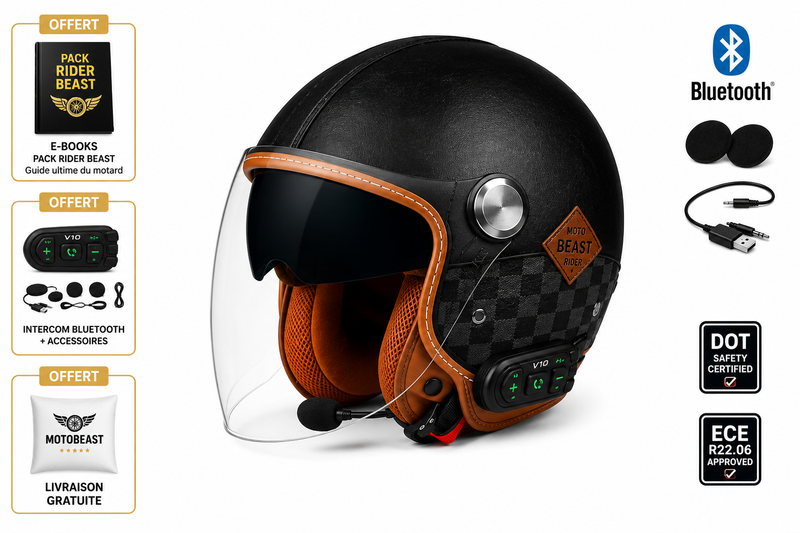 Casque Moto Retro Vintage Marron Damier Bluetooth | Intercom