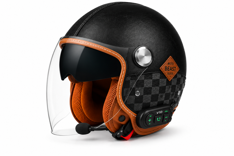 Casque Moto Retro Vintage Marron Damier Bluetooth | Intercom