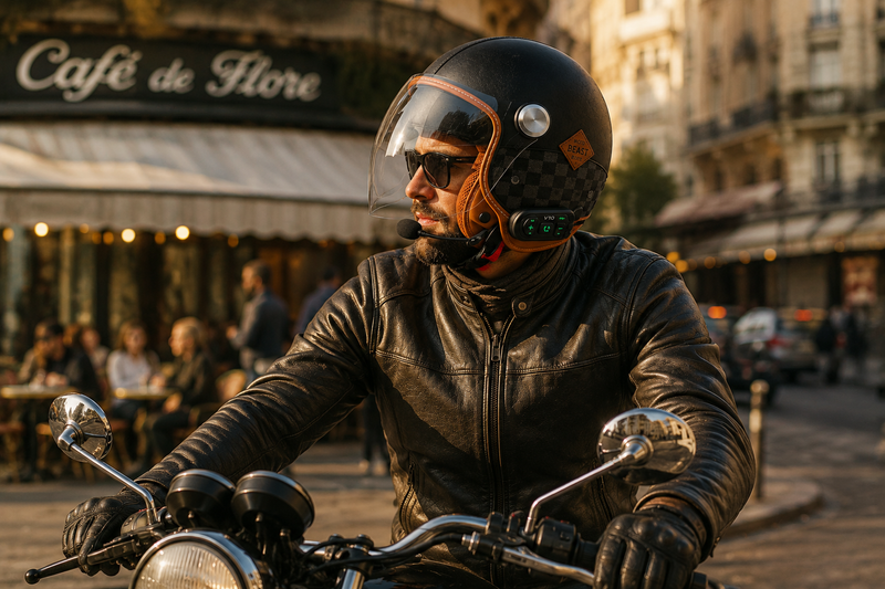 Casque Moto Retro Vintage Marron Damier Bluetooth | Intercom