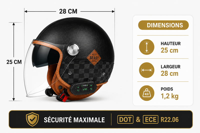 Casque Moto Retro Vintage Marron Damier Bluetooth | Intercom