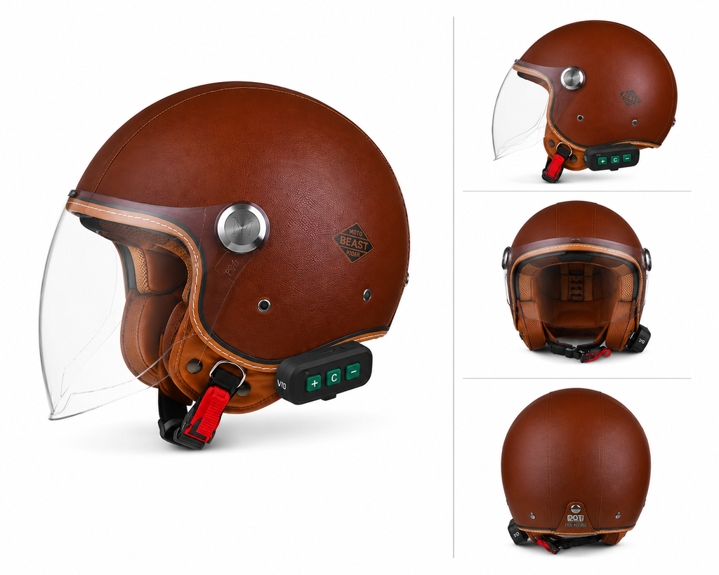 Casque Moto Retro Vintage Marron Uni Bluetooth | Intercom