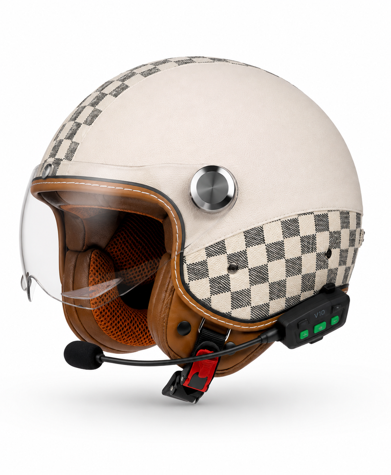 Casque Moto Retro Vintage Marron Damier Bluetooth | Intercom