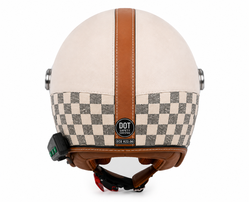 Casque Moto Retro Vintage Marron Damier Bluetooth | Intercom