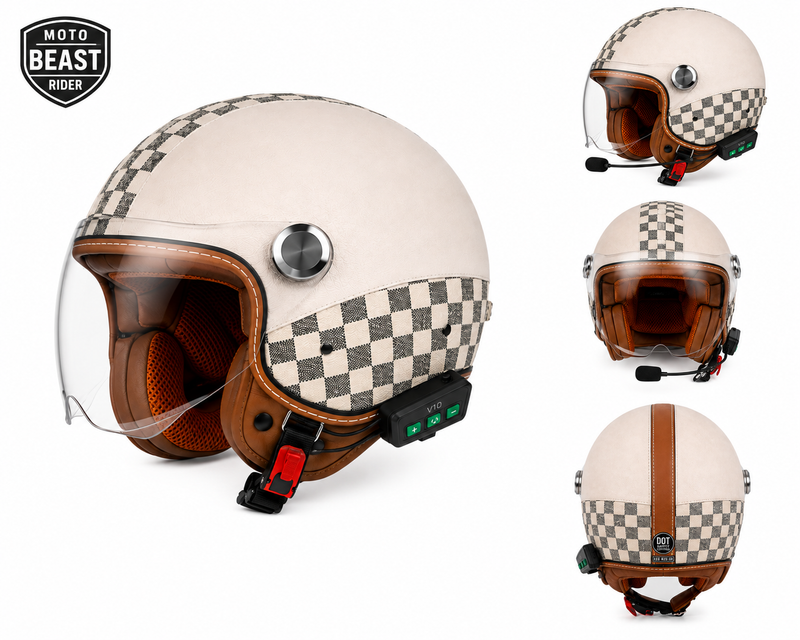 Casque Moto Retro Vintage Marron Damier Bluetooth | Intercom
