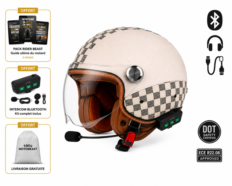 Casque Moto Retro Vintage Marron Damier Bluetooth | Intercom