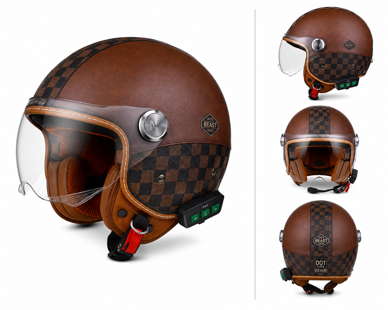Casque Moto Retro Vintage Marron Damier Bluetooth | Intercom