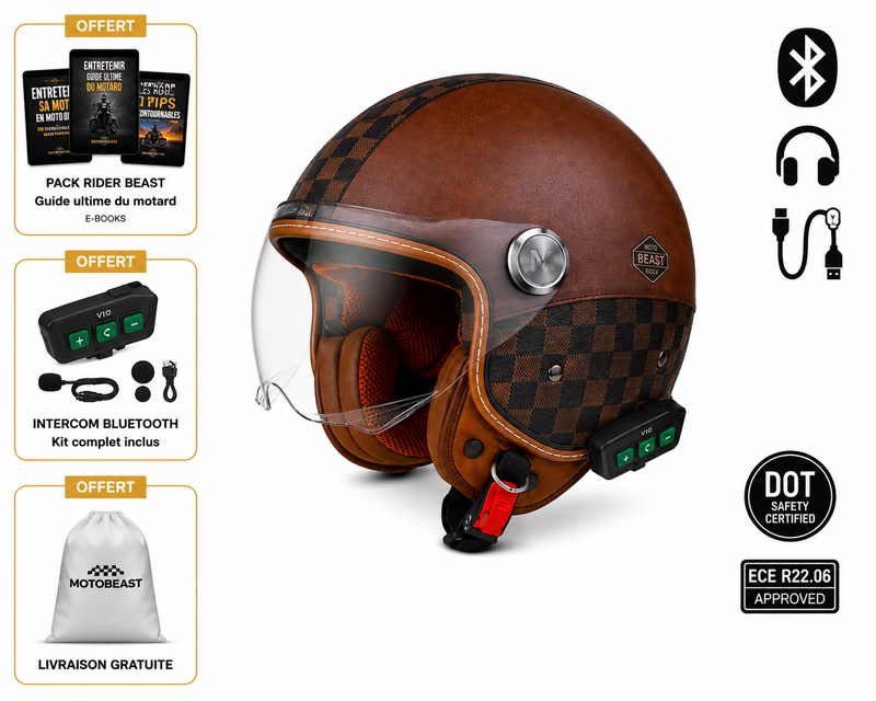Casque Moto Retro Vintage Marron Damier Bluetooth | Intercom