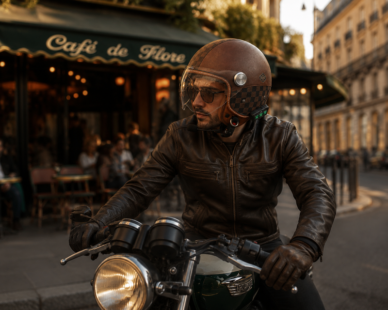 Casque Moto Retro Vintage Marron Damier Bluetooth | Intercom