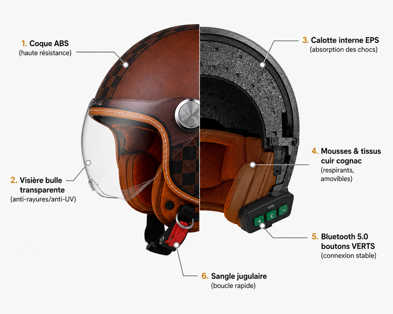Casque Moto Retro Vintage Marron Damier Bluetooth | Intercom