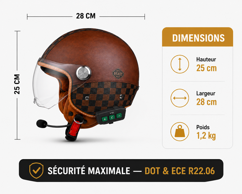 Casque Moto Retro Vintage Marron Damier Bluetooth | Intercom