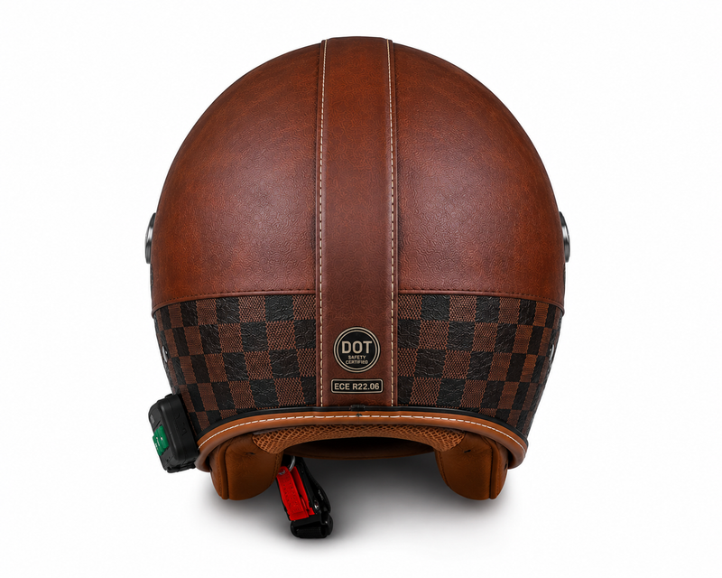 Casque Moto Retro Vintage Marron Damier Bluetooth | Intercom