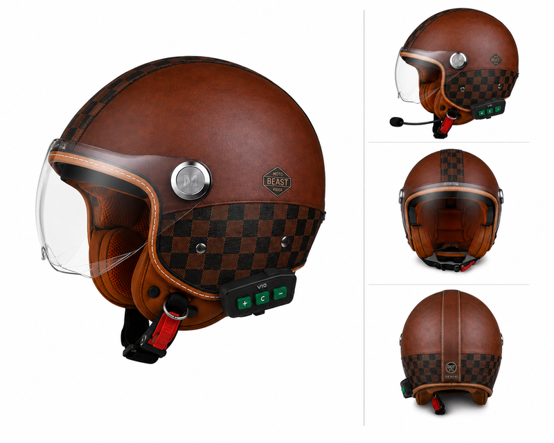 Casque Moto Retro Vintage Marron Damier Bluetooth | Intercom