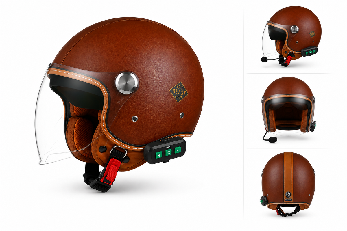 Casque Moto Retro Vintage Marron Uni Bluetooth | Intercom