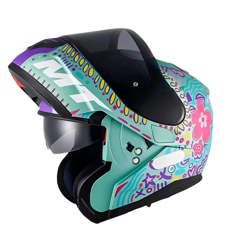 Casque Moto Modulable Femme Bleu Fleur Atom