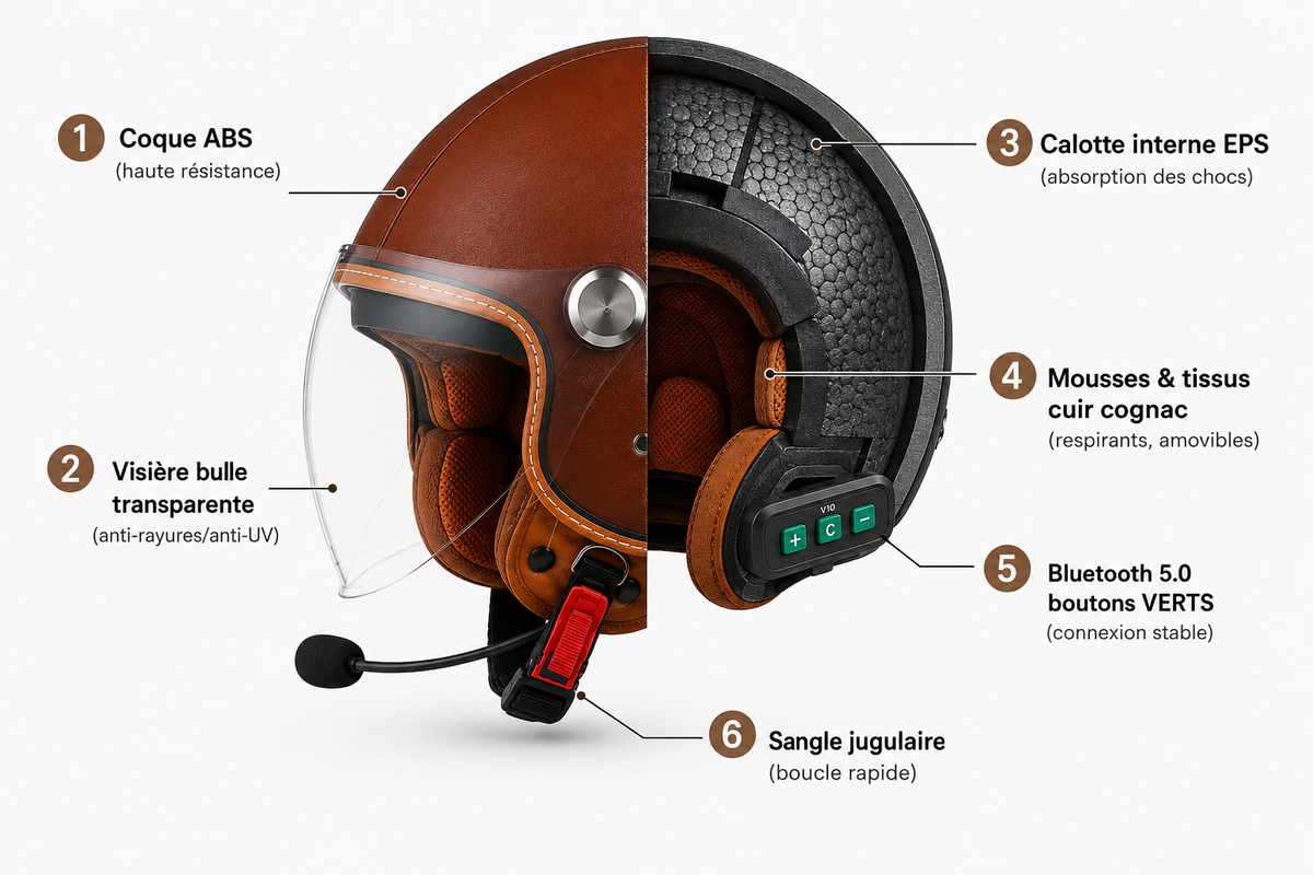 Casque Moto Retro Vintage Marron Uni Bluetooth | Intercom